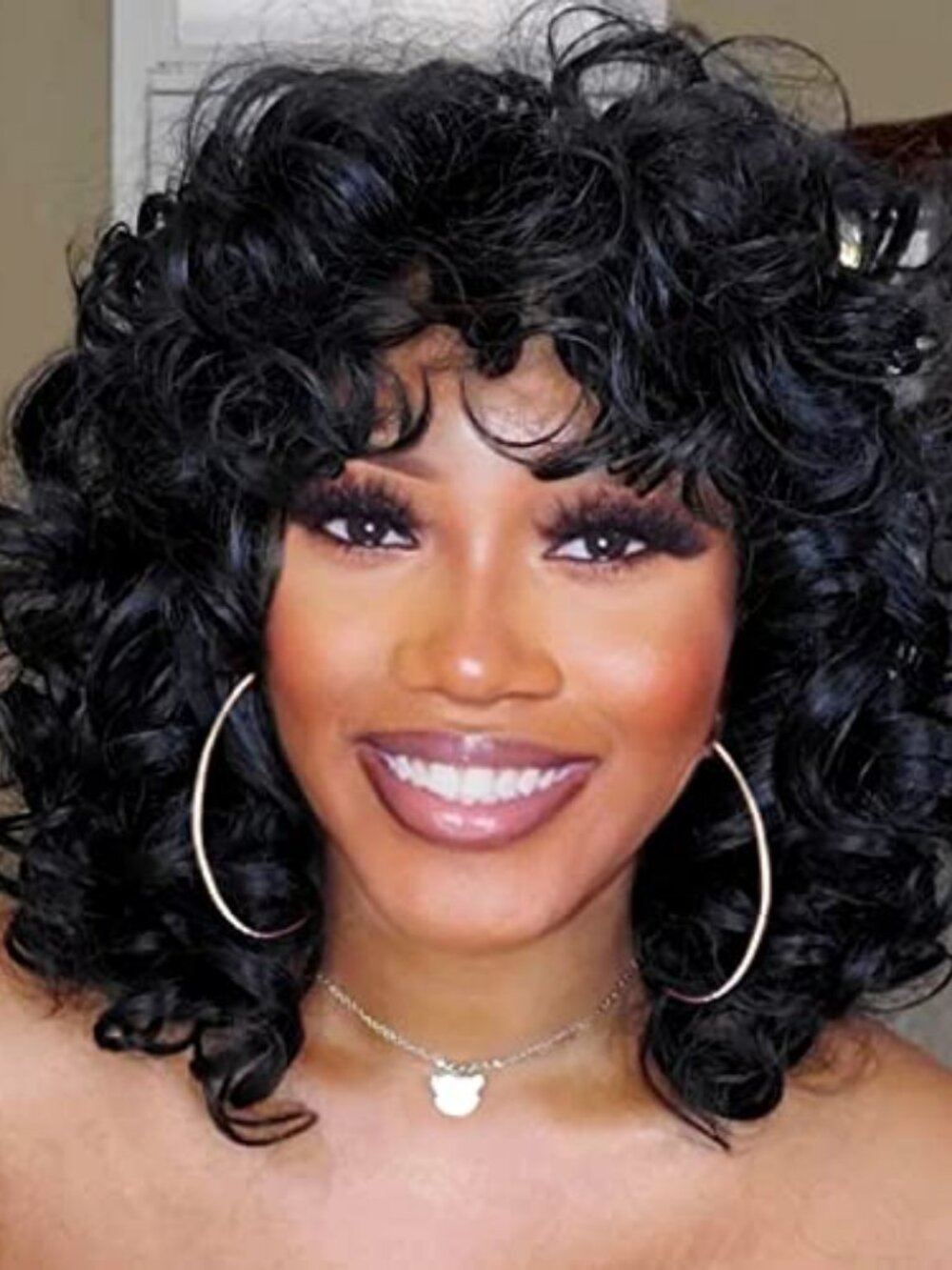 Black Short Curly Wig with bangs for Women (14 Inch)